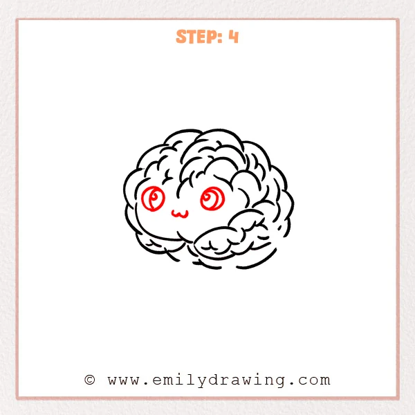 how to draw a cartoon brain - A cartoon brain with big round eyes and a small w-shaped mouth added to create a cute expression.